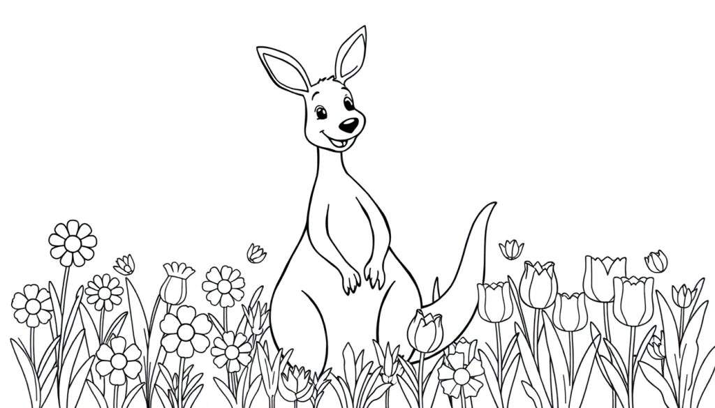 A friendly cartoon kangaroo in a black and white color panel with flowers, ready for coloring.