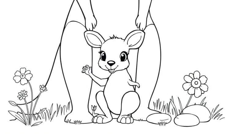 A cute cartoon kangaroo waving hello in a black and white color panel, with a person's hands gently touching its ears and flowers and grass around.