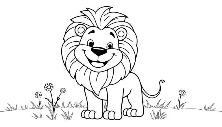 A black and white cartoon lion with a big mane and a smile, ready for coloring. This color panel is perfect for kids.