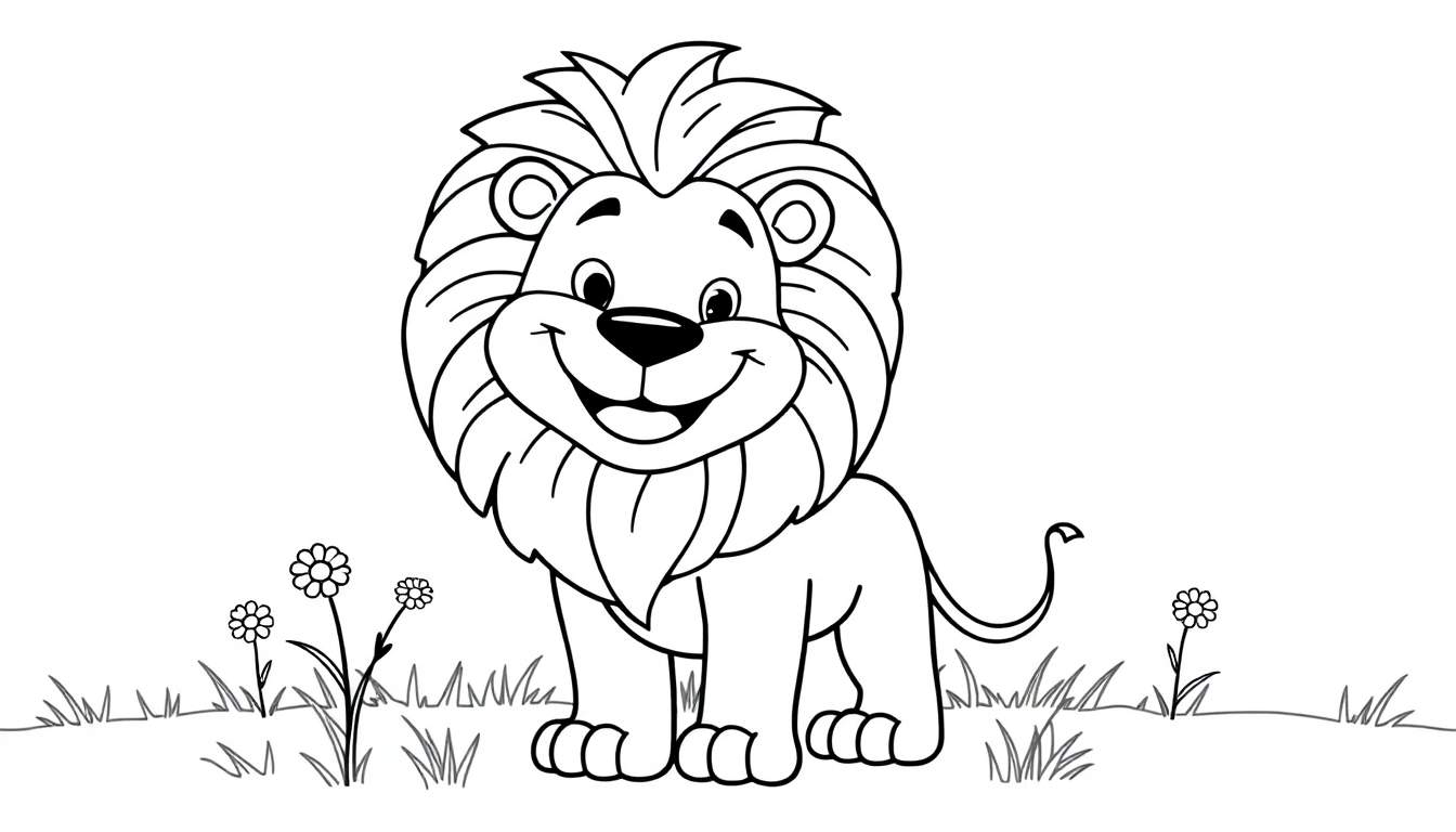 A black and white cartoon lion with a big mane and a smile, ready for coloring. This color panel is perfect for kids.