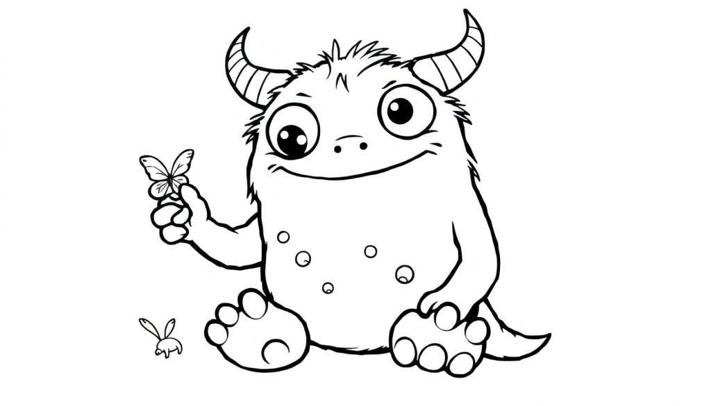 A cute, black and white cartoon monster sits cross-legged, holding a butterfly, ready for a color panel.
