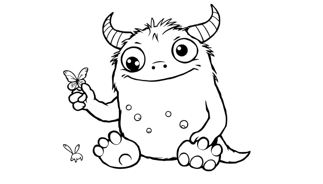 A cute, black and white cartoon monster sits cross-legged, holding a butterfly, ready for a color panel.