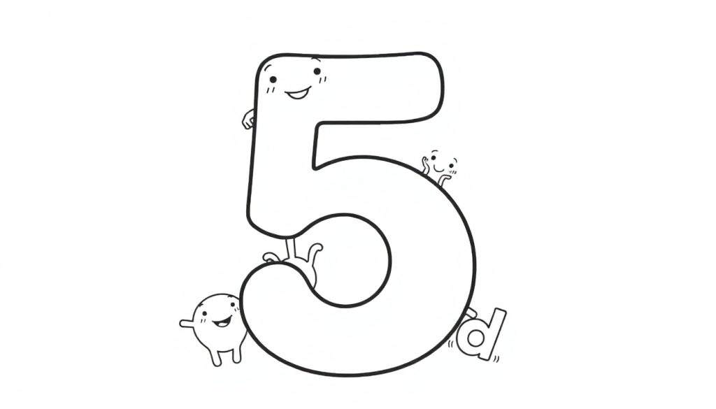 A black and white color panel featuring a large, smiling cartoon number 5 with four small, playful characters interacting with it. The characters are like little letters.
