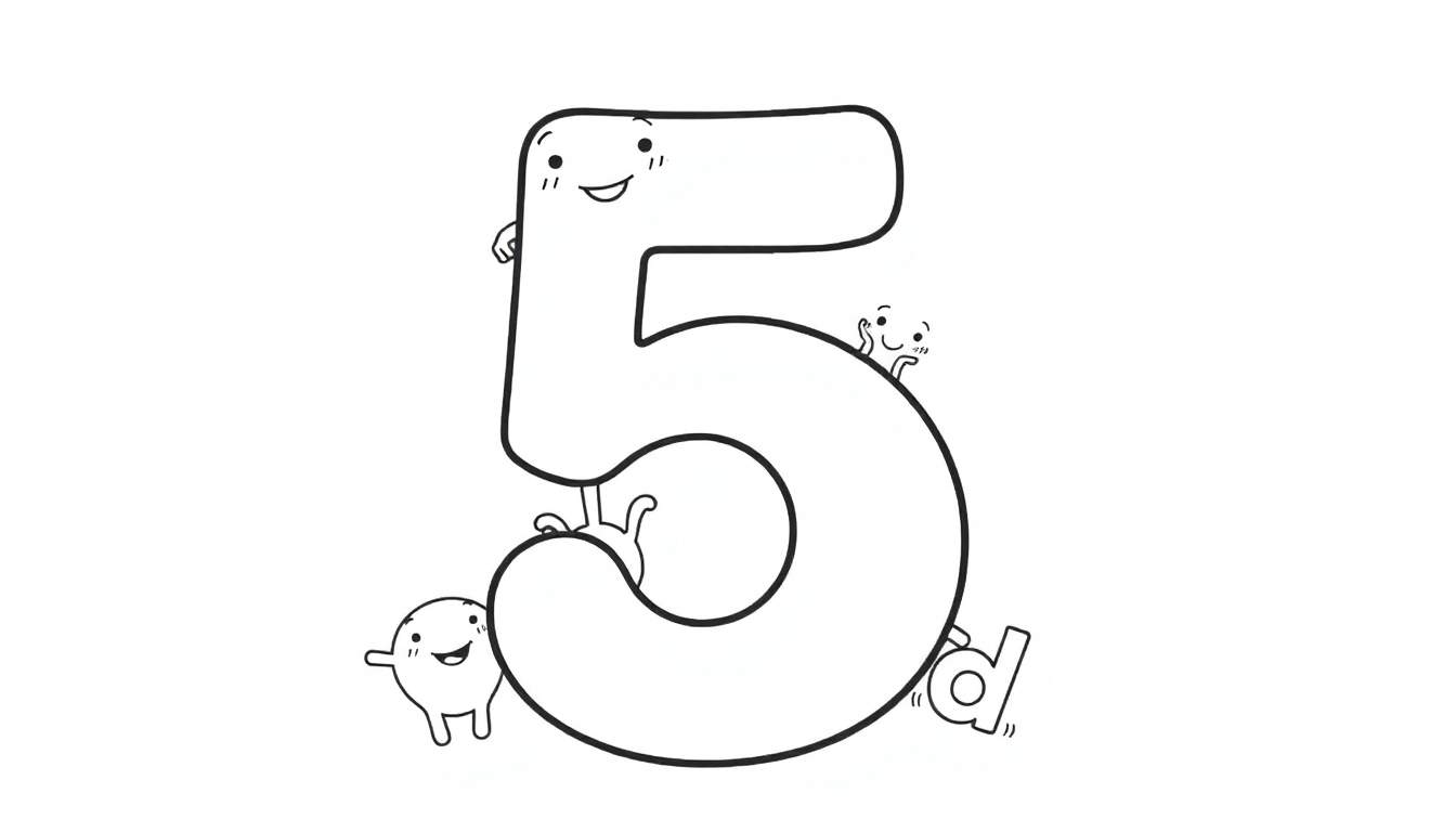 A black and white color panel featuring a large, smiling cartoon number 5 with four small, playful characters interacting with it. The characters are like little letters.