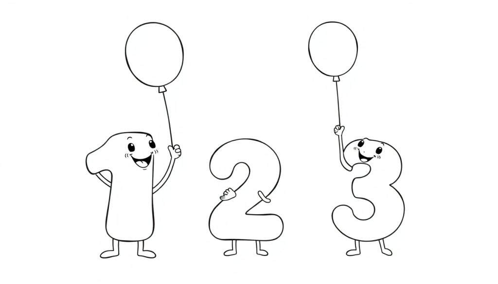 A cute black and white coloring page with numbers 1, 2, and 3 holding balloons, part of a color panel.