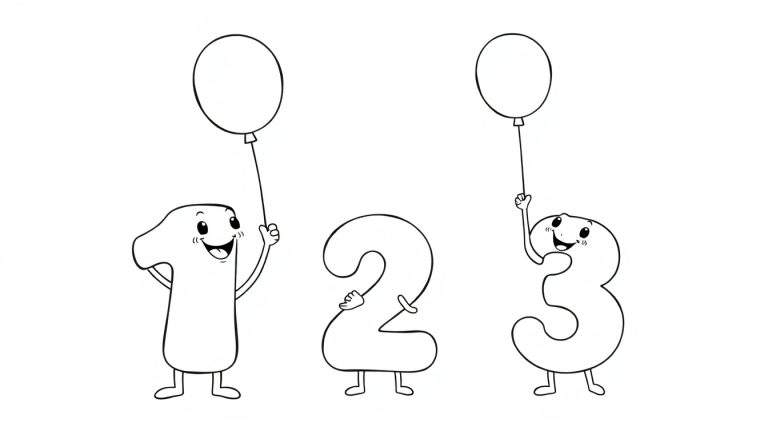 A cute black and white coloring page with numbers 1, 2, and 3 holding balloons, part of a color panel.