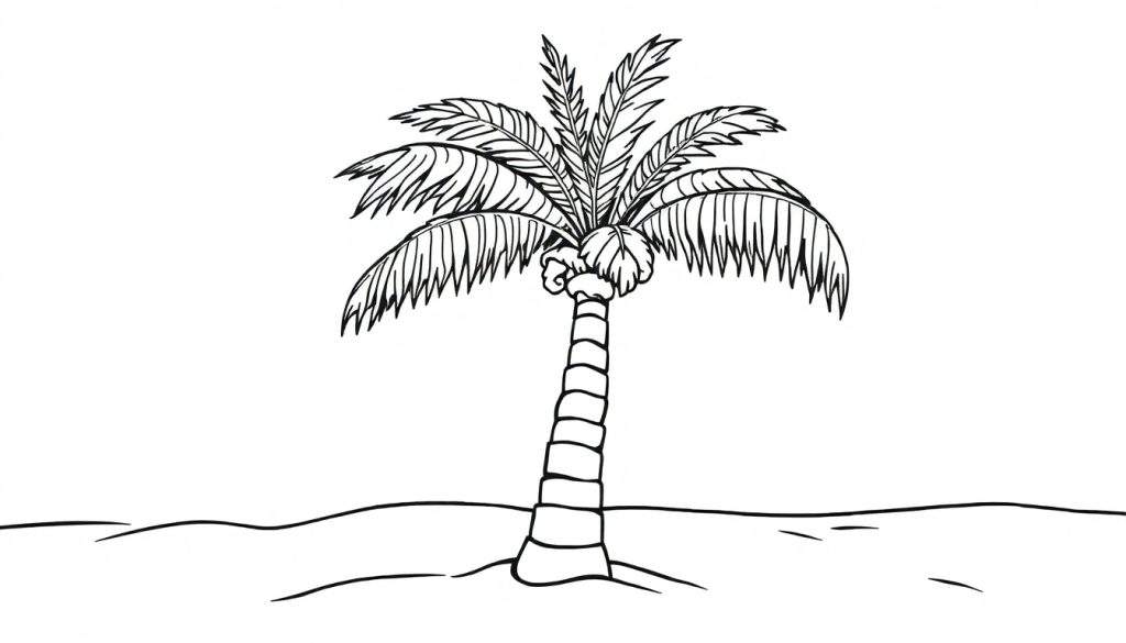A friendly black and white palm tree coloring panel waving its fronds on a sandy beach.