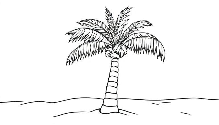 A friendly black and white palm tree coloring panel waving its fronds on a sandy beach.