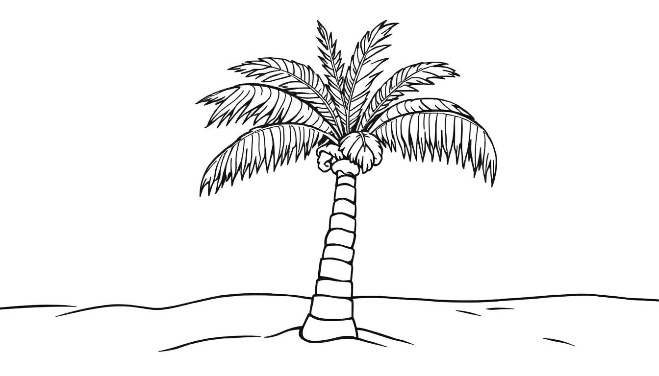 A friendly black and white palm tree coloring panel waving its fronds on a sandy beach.