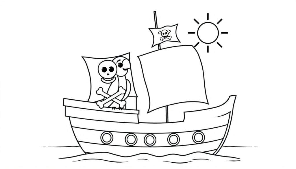 A friendly pirate ship sailing on a calm sea, with a happy parrot on deck, in a black and white color panel for kids.