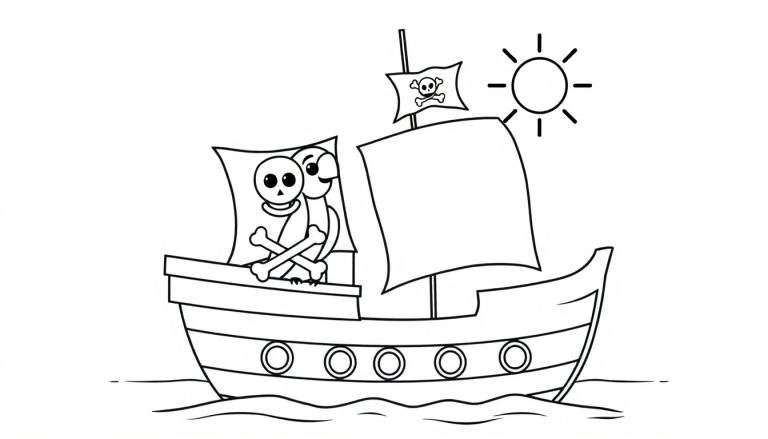 A friendly pirate ship sailing on a calm sea, with a happy parrot on deck, in a black and white color panel for kids.