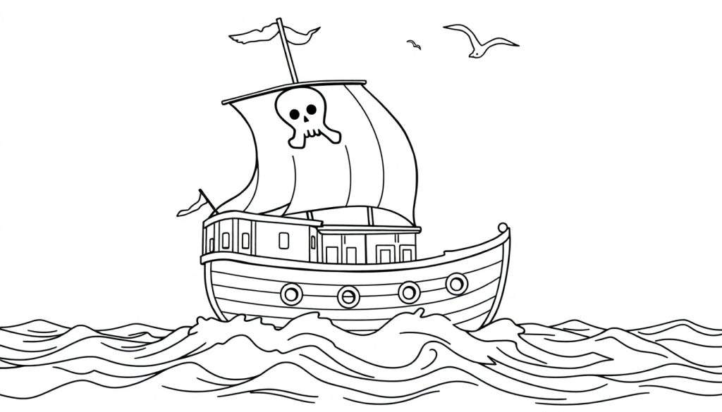 A black and white pirate ship sailing on wavy seas, with a skull and crossbones on its sail and birds flying above. A fun color panel for coloring.