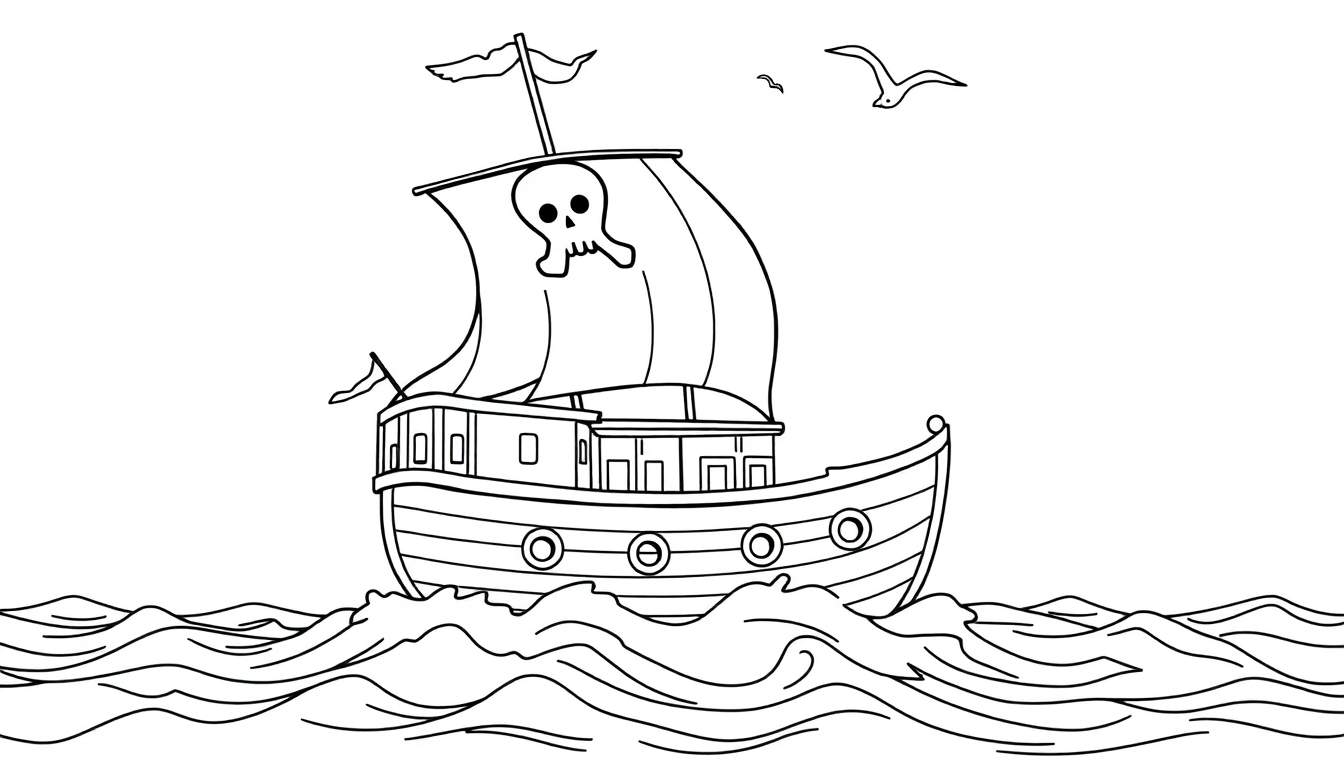A black and white pirate ship sailing on wavy seas, with a skull and crossbones on its sail and birds flying above. A fun color panel for coloring.