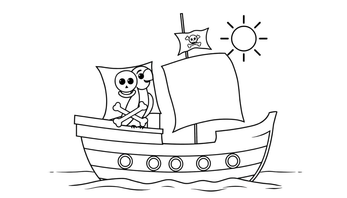 A friendly pirate ship sailing on a calm sea, with a happy parrot on deck, in a black and white color panel for kids.