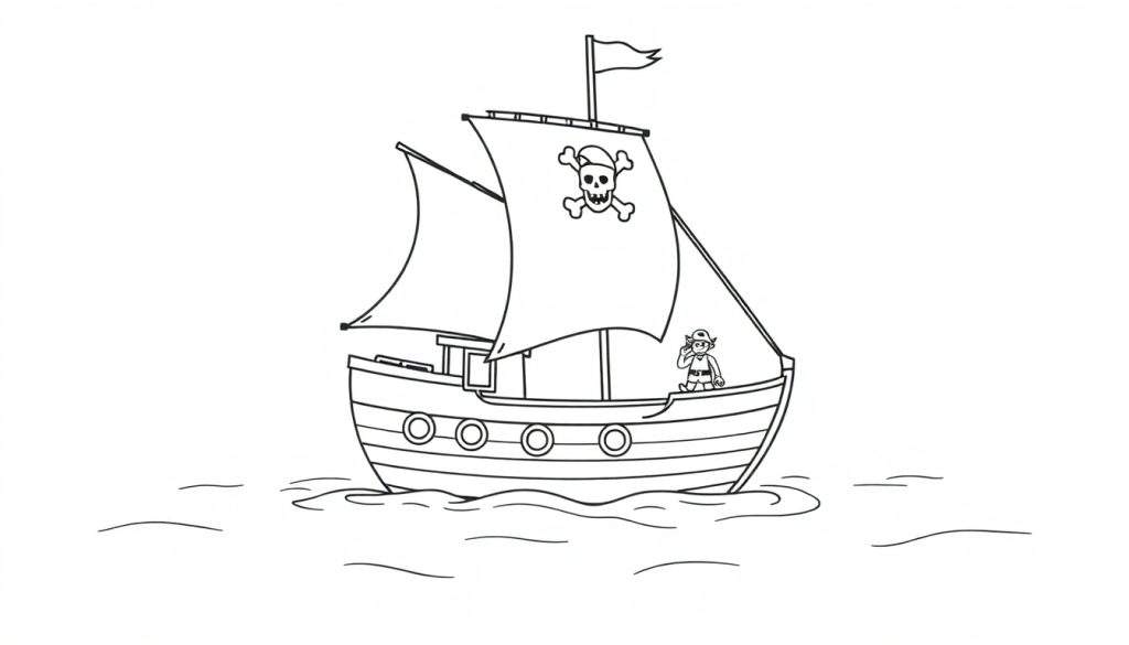 A friendly pirate ship coloring panel sailing on the sea.