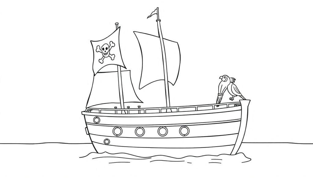 A friendly pirate ship with a parrot on deck, a black and white coloring panel.