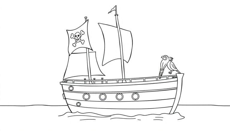 A friendly pirate ship with a parrot on deck, a black and white coloring panel.