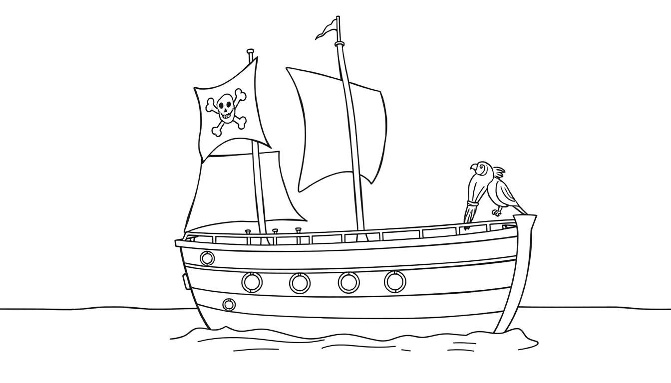 A friendly pirate ship with a parrot on deck, a black and white coloring panel.