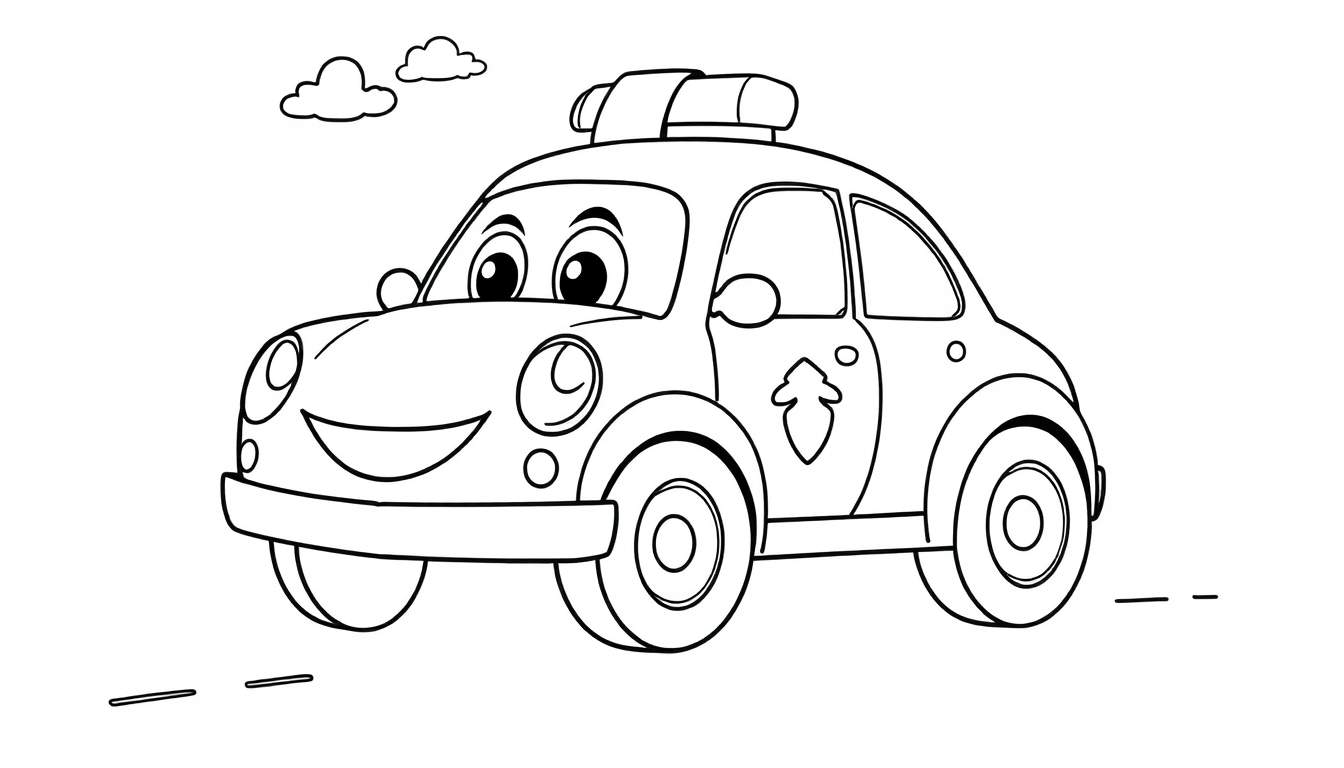 A friendly black and white cartoon police car coloring page, a fun color panel for kids.