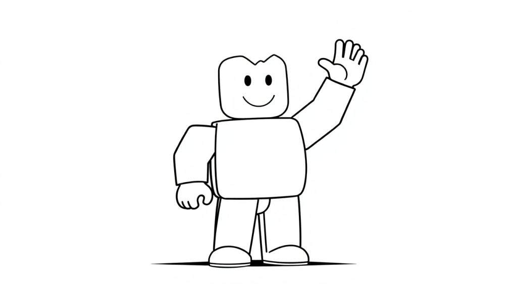 A simple black and white line drawing of a friendly Roblox avatar waving, perfect for a coloring panel.
