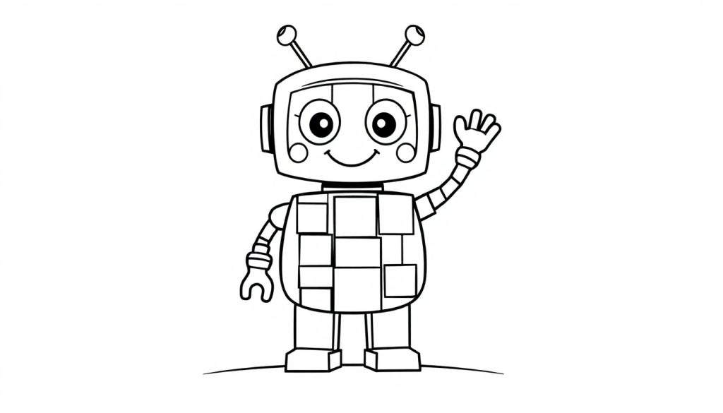 A friendly black and white robot waving, with a checkerboard body, on a simple ground line. This color panel is ready for imagination.