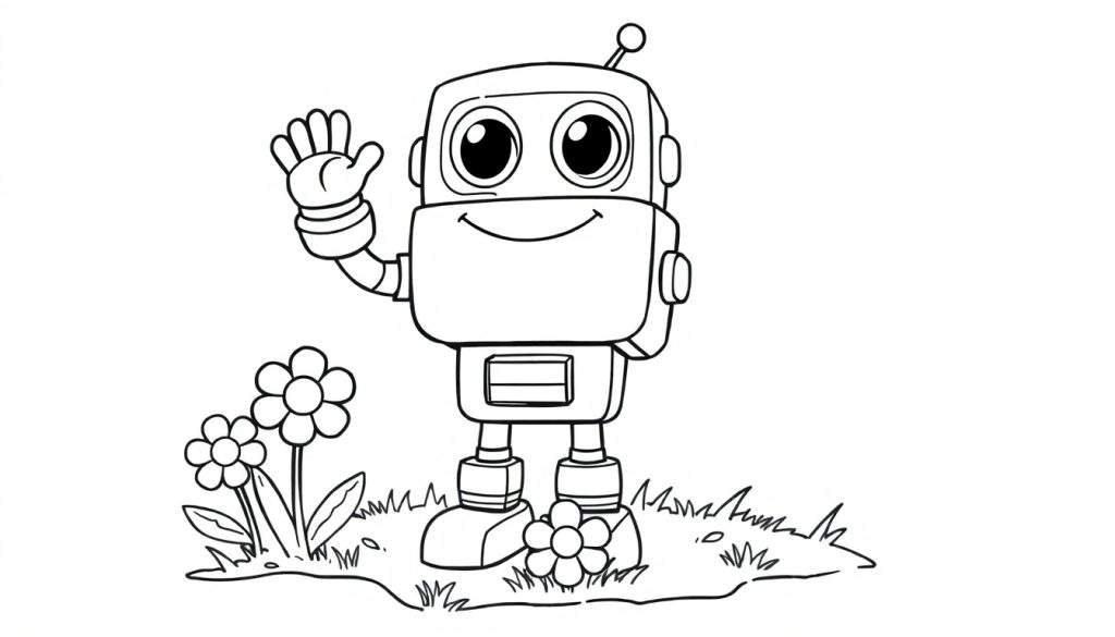 A friendly cartoon robot waving hello, in a black and white coloring panel.