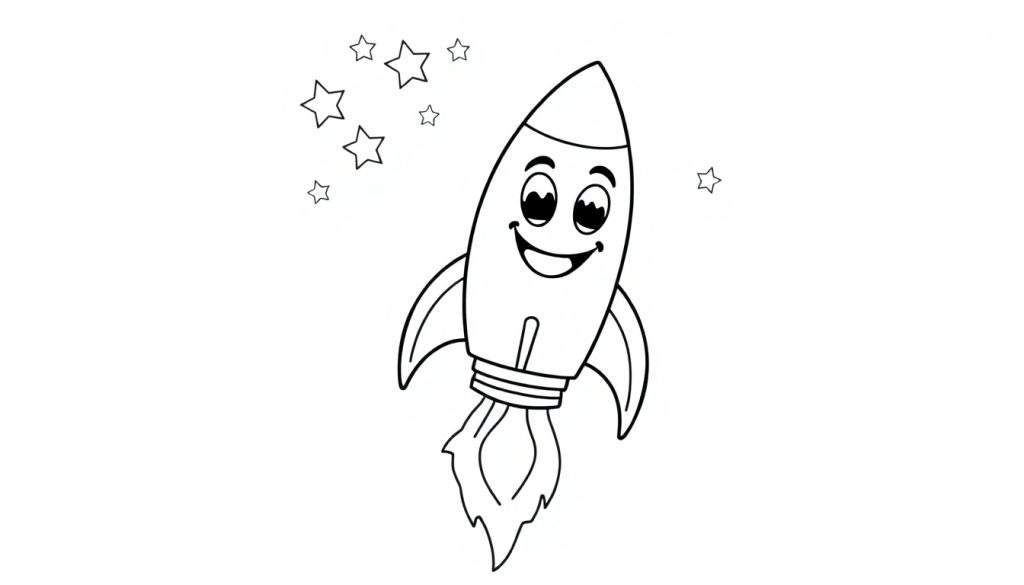 A friendly cartoon rocket ship with a smiling face blasting off, surrounded by stars. This is a black and white color panel for drawing.