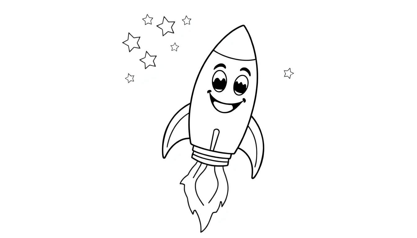 A friendly cartoon rocket ship with a smiling face blasting off, surrounded by stars. This is a black and white color panel for drawing.