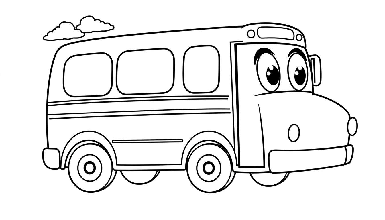 A black and white cartoon school bus coloring panel with a smiling face and two clouds above.