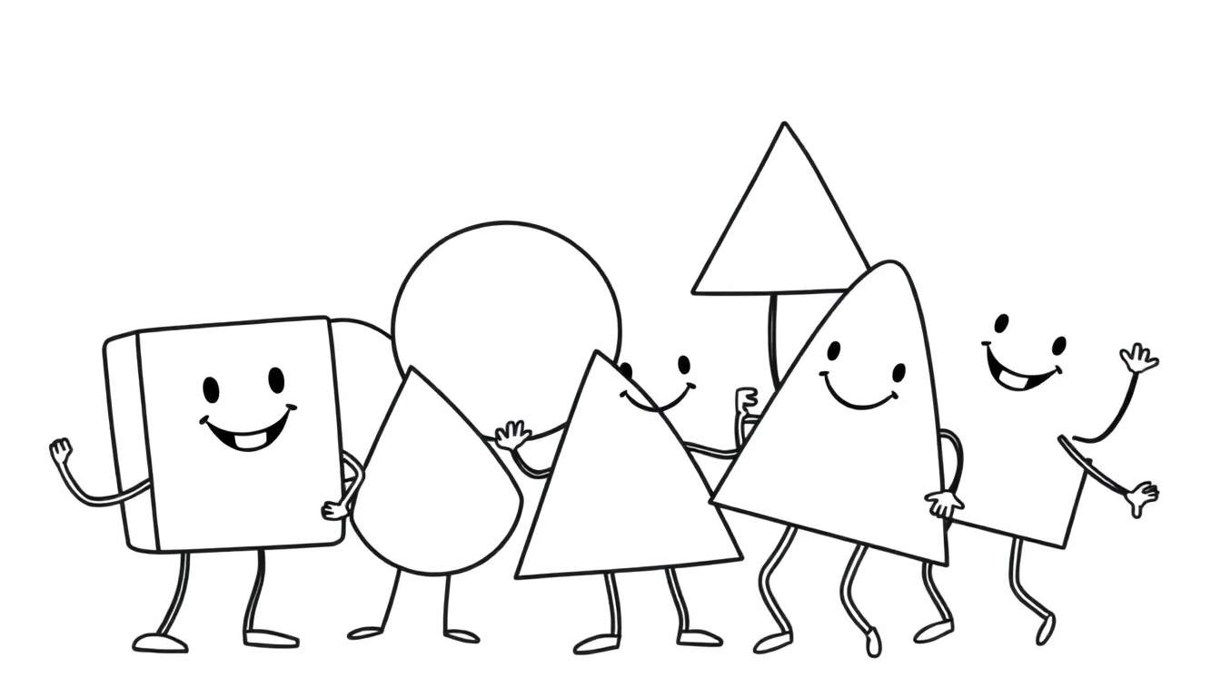 A friendly color panel of geometric shapes waving hello.