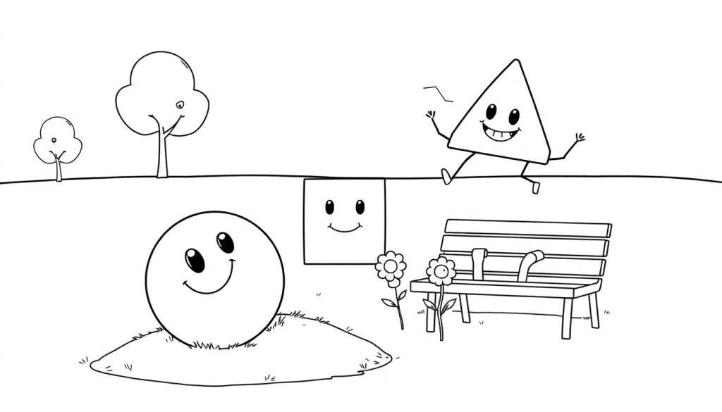 Black and white coloring page: A cheerful circle, smiling square, playful triangle, bench, daisies, and trees in a park.