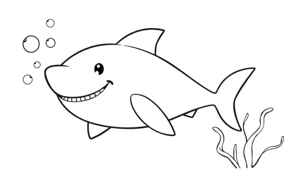 A black and white cartoon of a smiling shark with bubbles and seaweed, ready for a color panel.