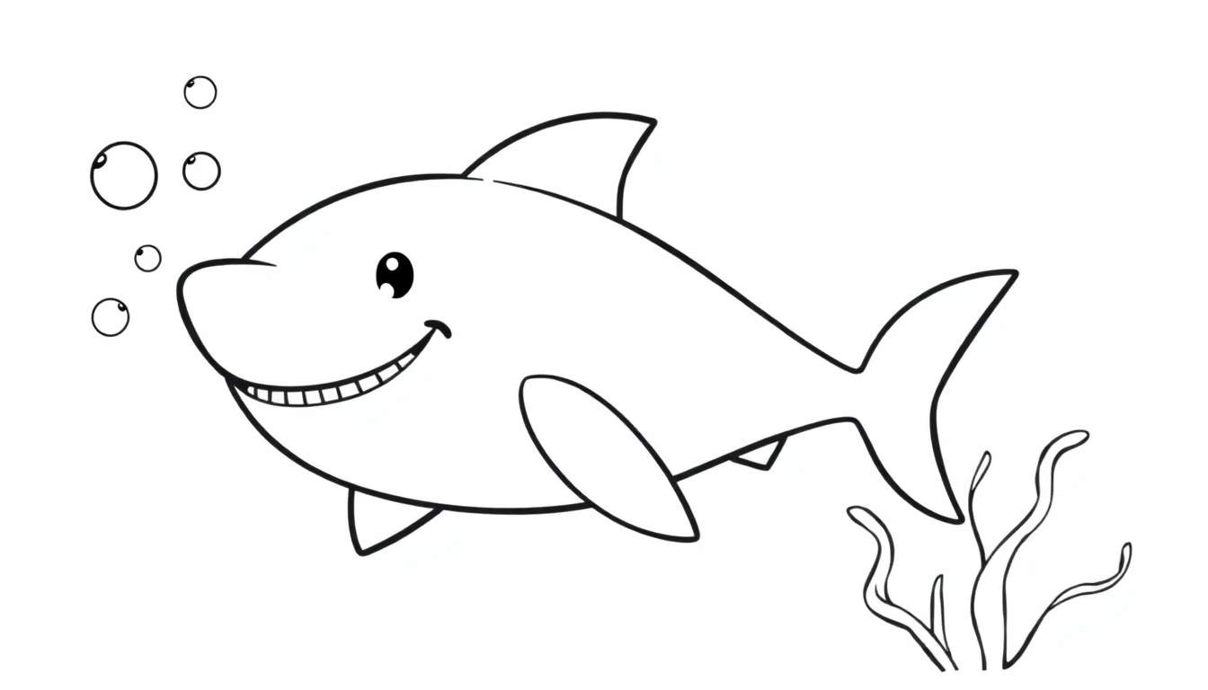 A black and white cartoon of a smiling shark with bubbles and seaweed, ready for a color panel.