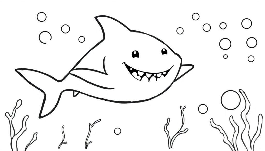 A friendly shark coloring panel swimming in the ocean.