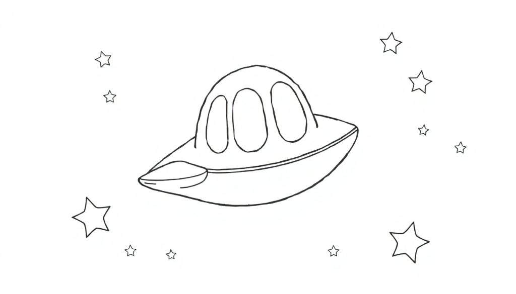 A black and white color panel illustration of a friendly spaceship with a domed top and oval windows, surrounded by stars.