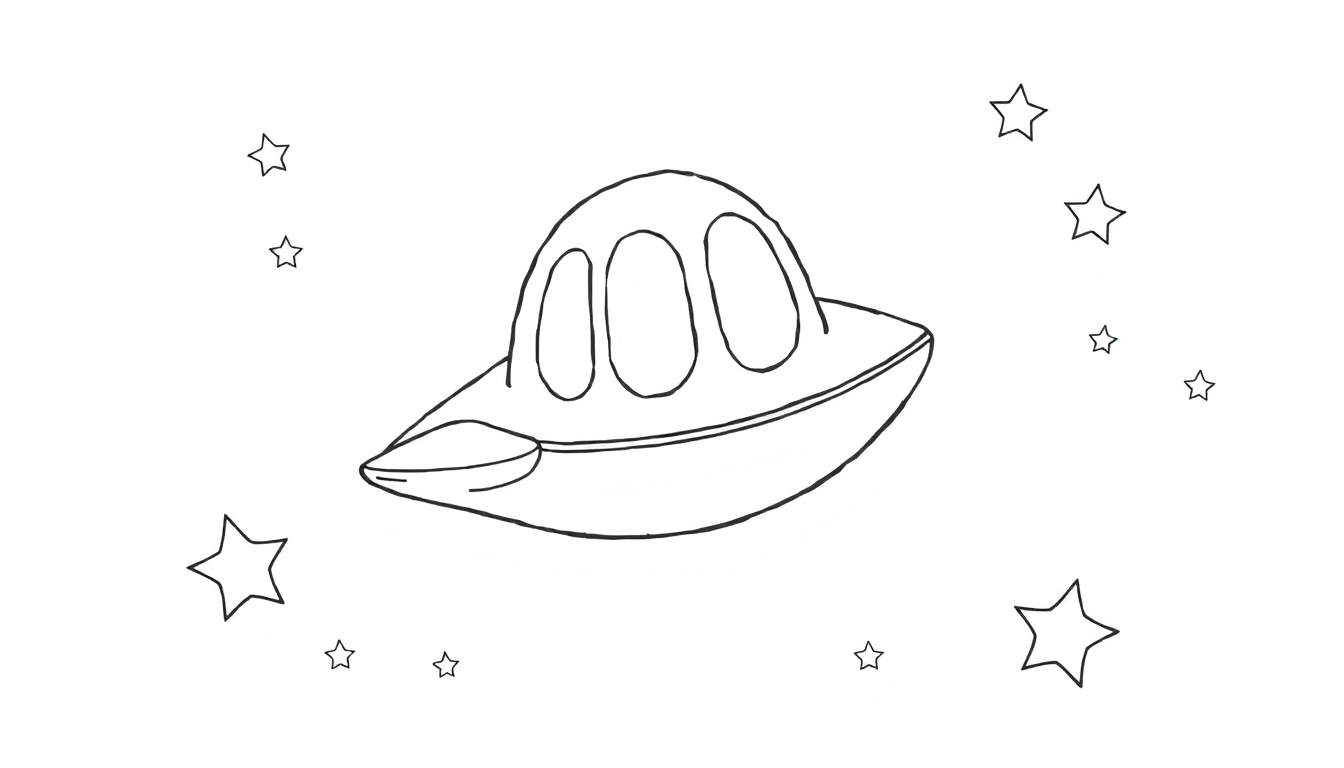 A black and white color panel illustration of a friendly spaceship with a domed top and oval windows, surrounded by stars.