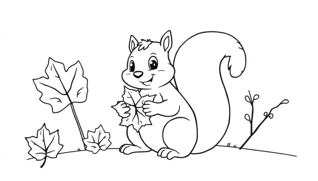 Cute squirrel holding a leaf, black and white coloring page with a friendly feel, part of a color panel.