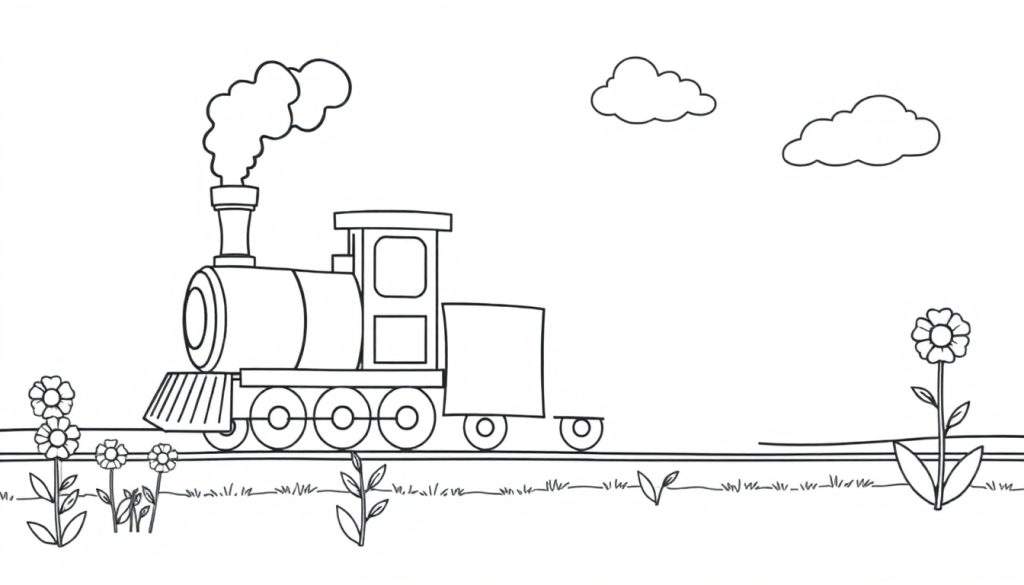 A friendly black and white steam train on a color panel track with clouds.