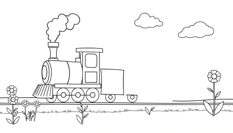 A friendly black and white steam train on a color panel track with clouds.