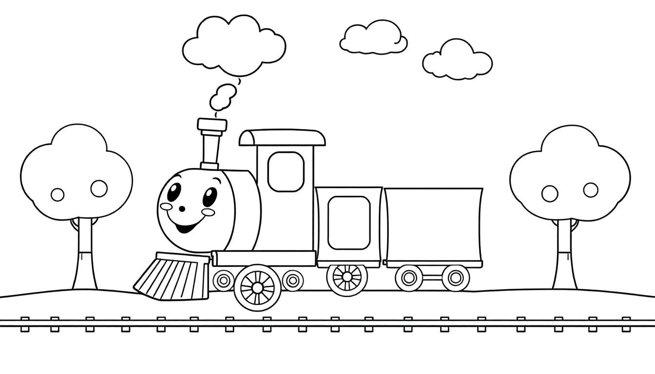 A smiling steam train coloring panel traveling through a whimsical landscape.
