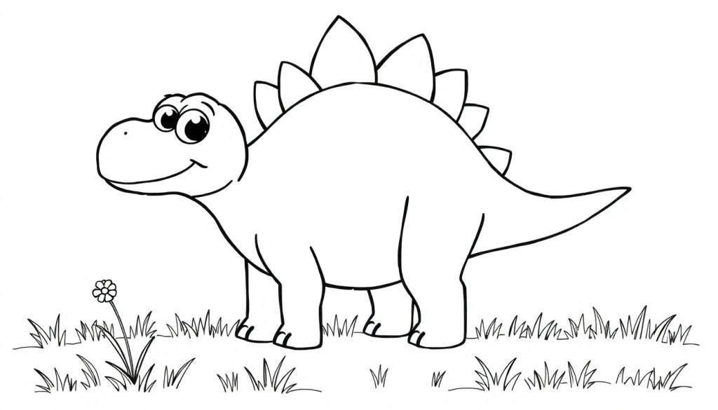 A friendly black and white Stegosaurus drawing, ready for coloring, with big curious eyes and plates on its back. A simple color panel.