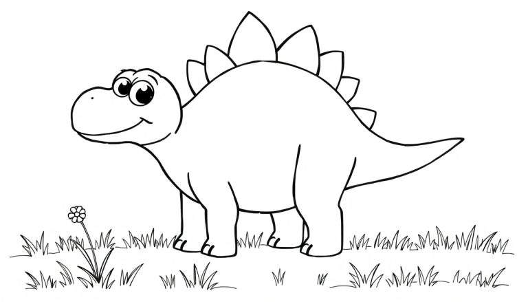 A friendly black and white Stegosaurus drawing, ready for coloring, with big curious eyes and plates on its back. A simple color panel.