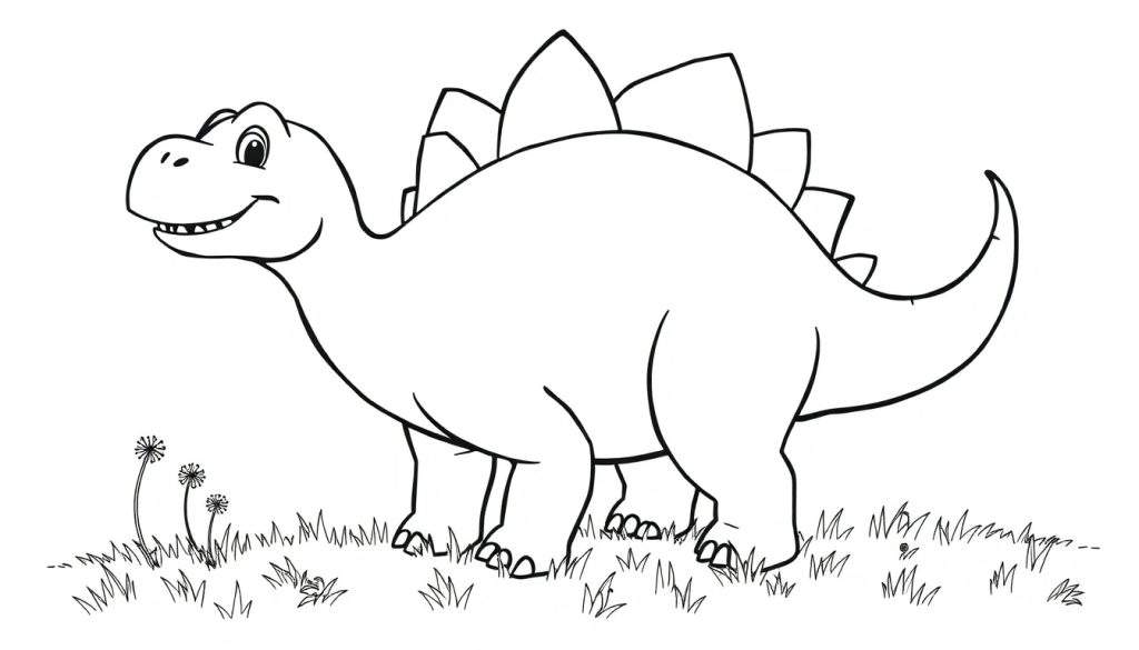 A smiling Stegosaurus coloring page, a black and white cartoon dinosaur with large plates on its back and a spiked tail, ready for coloring. This color panel is perfect for little artists.
