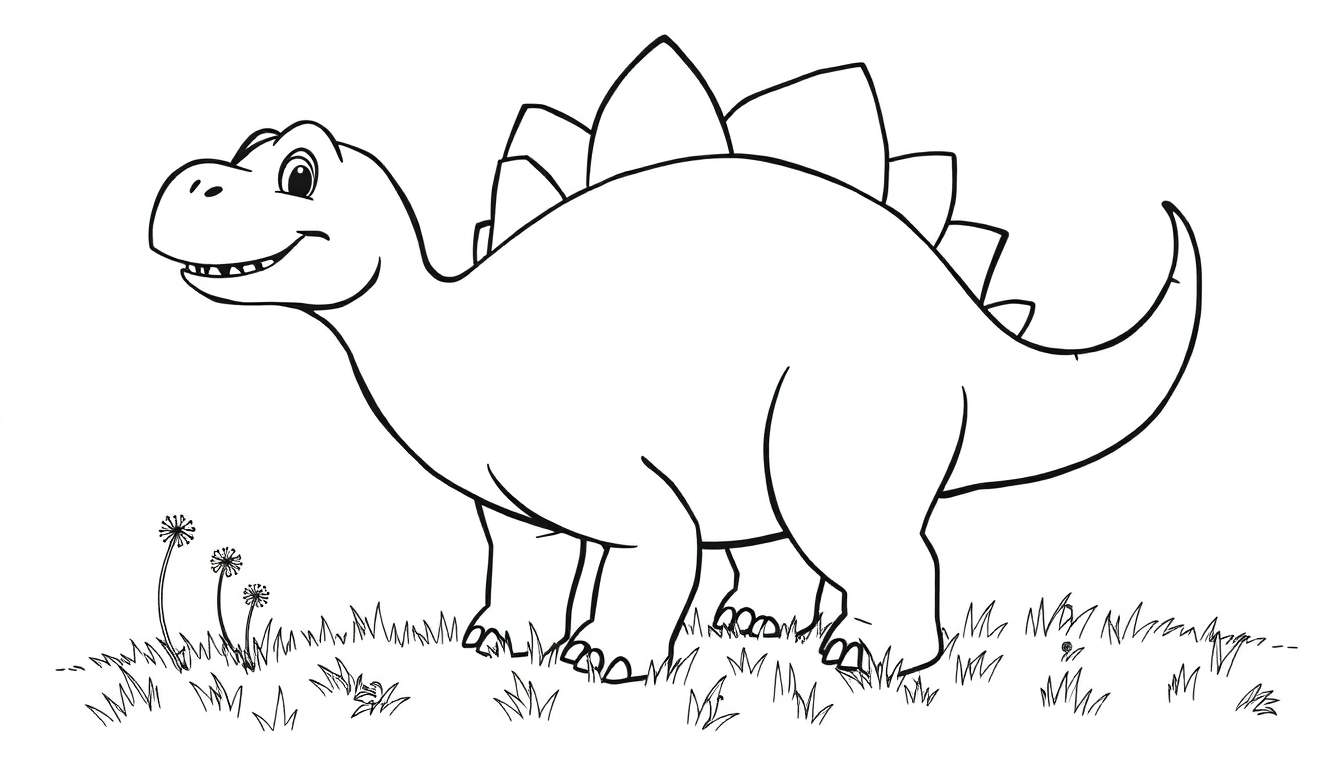 A smiling Stegosaurus coloring page, a black and white cartoon dinosaur with large plates on its back and a spiked tail, ready for coloring. This color panel is perfect for little artists.