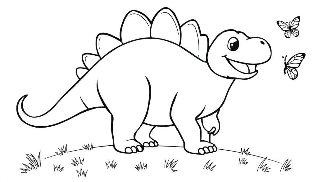 A friendly Stegosaurus coloring panel with butterflies.