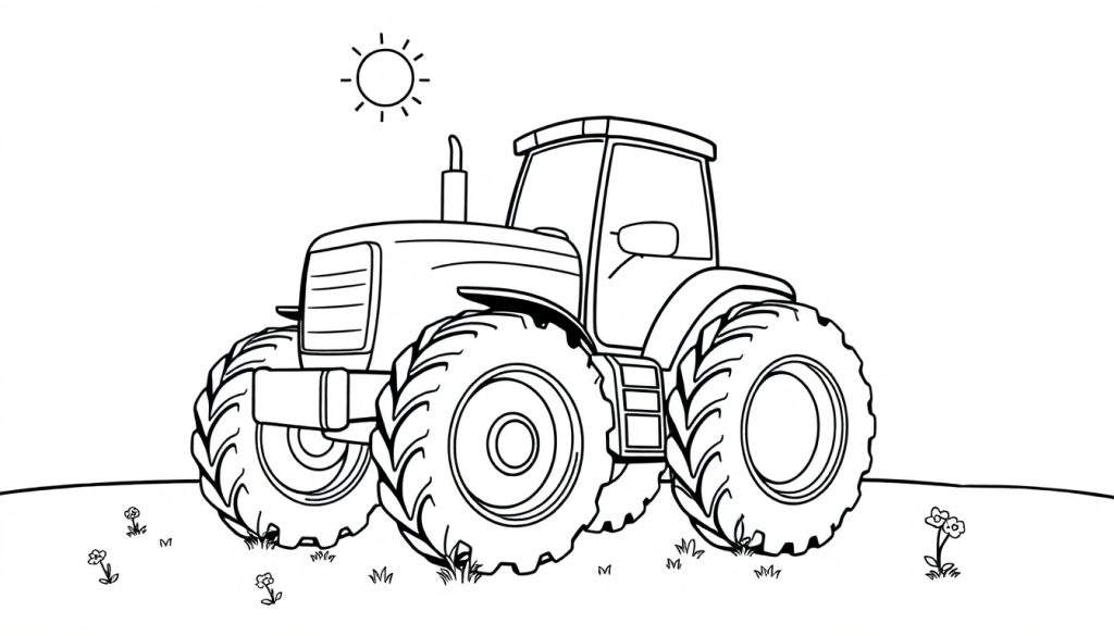 A friendly farm tractor with big wheels, ready for coloring fun! Black and white line art for kids, a perfect color panel.