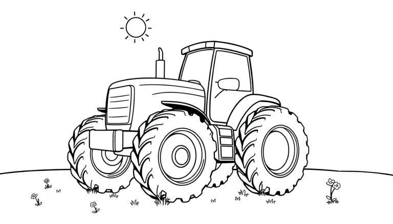 A friendly farm tractor with big wheels, ready for coloring fun! Black and white line art for kids, a perfect color panel.