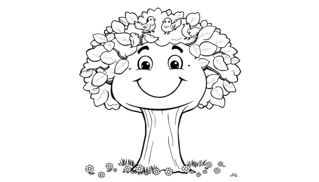 A happy cartoon tree with birds, ready for your color panel!