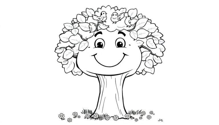 A happy cartoon tree with birds, ready for your color panel!