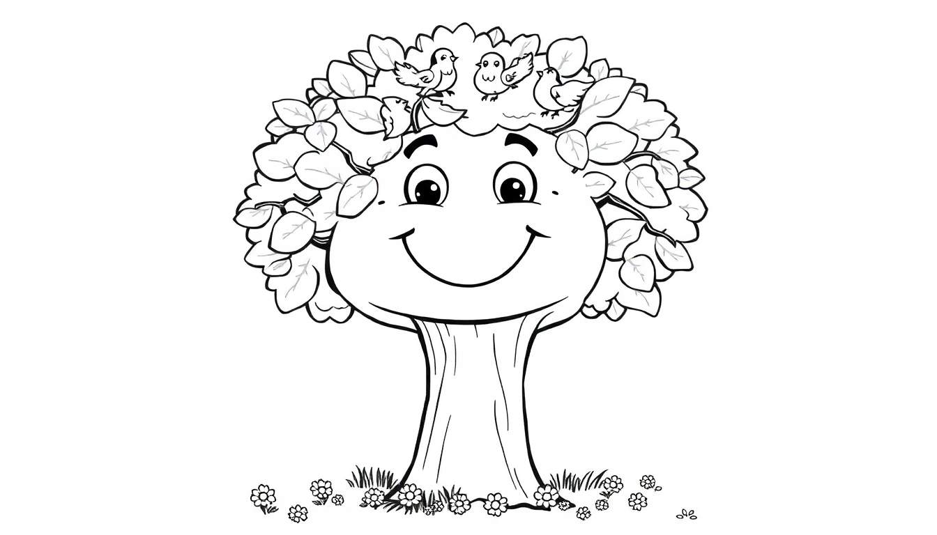 A happy cartoon tree with birds, ready for your color panel!
